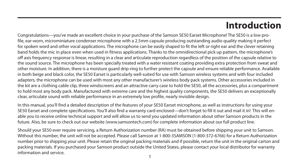 Introduction | Samson SE50 User Manual | Page 3 / 8