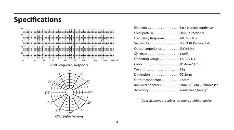 Specifications | Samson SE50 User Manual | Page 6 / 8