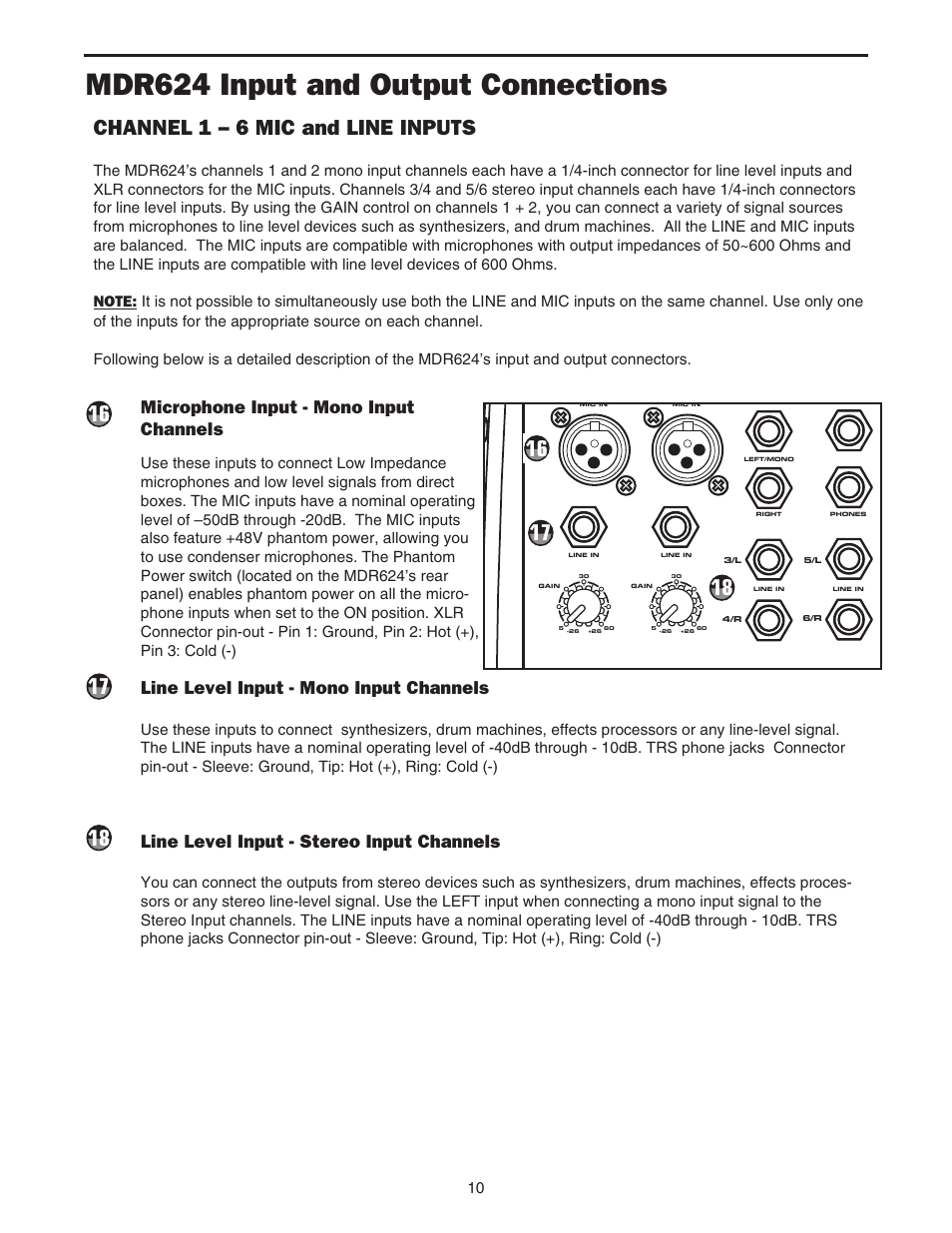 Mdr624 input and output connections, Channel 1 – 6 mic and line inputs, Microphone input - mono input channels | Line level input - mono input channels, Line level input - stereo input channels | Samson MDR624 User Manual | Page 12 / 24