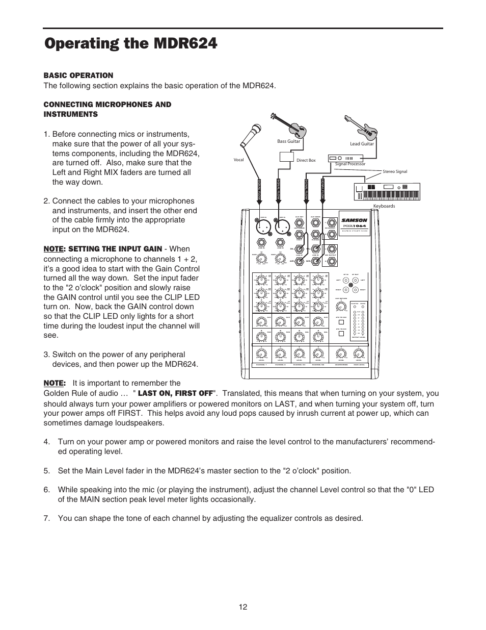 Operating the mdr624, 80hz, Bass guitar lead guitar keyboards | Samson MDR624 User Manual | Page 14 / 24
