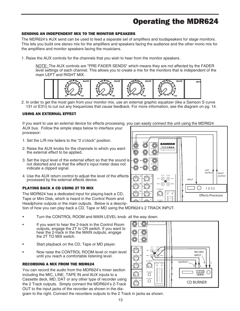 Operating the mdr624, Cd burner, Effects processor | Output | Samson MDR624 User Manual | Page 15 / 24