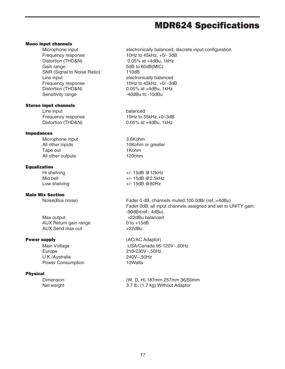 Mdr624 specifications | Samson MDR624 User Manual | Page 19 / 24