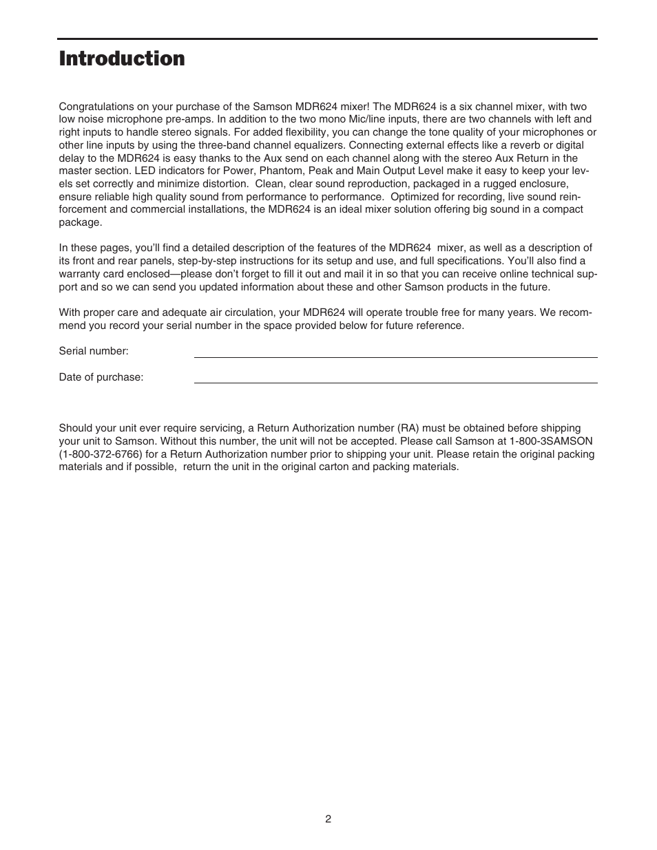 Introduction | Samson MDR624 User Manual | Page 4 / 24