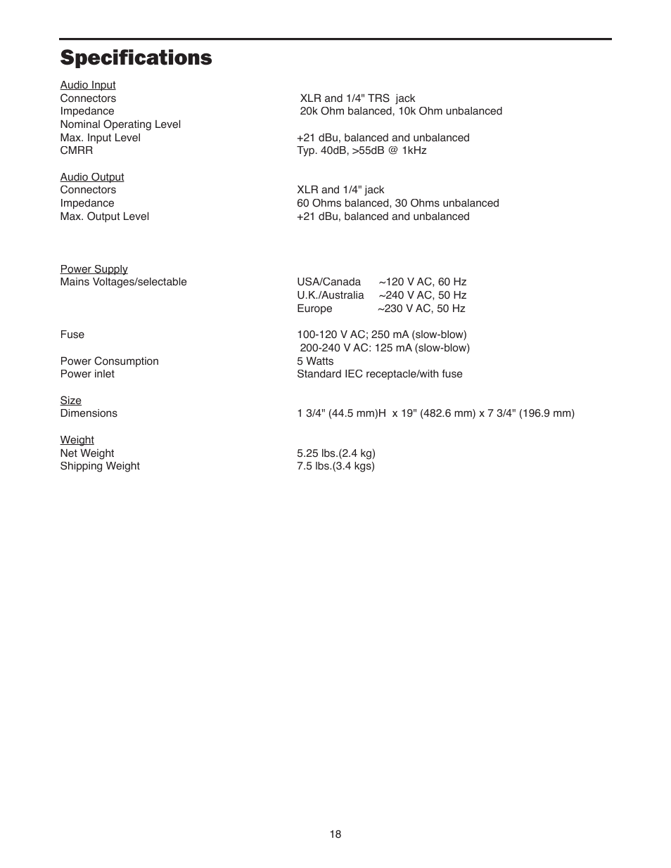 Specifications | Samson S-Gate 4 User Manual | Page 20 / 22