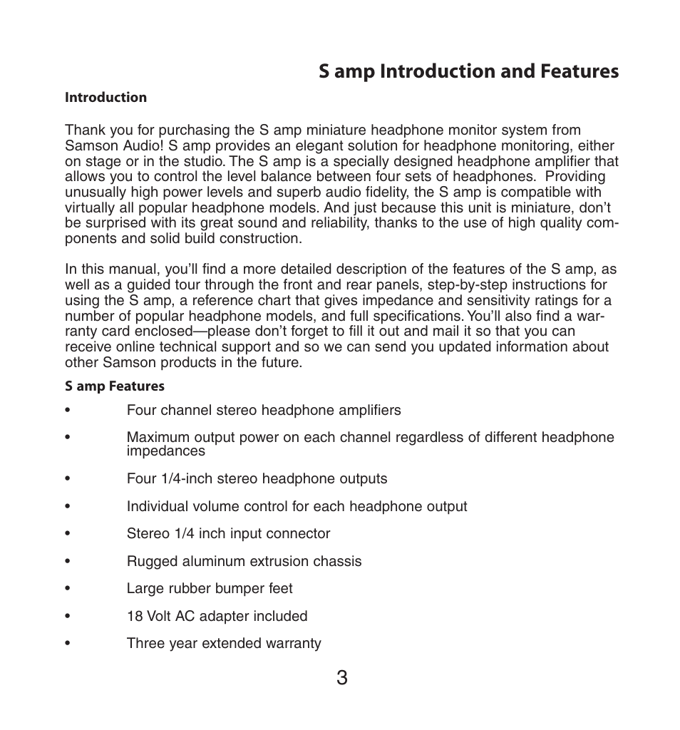 S amp introduction and features | Samson S Class User Manual | Page 3 / 8
