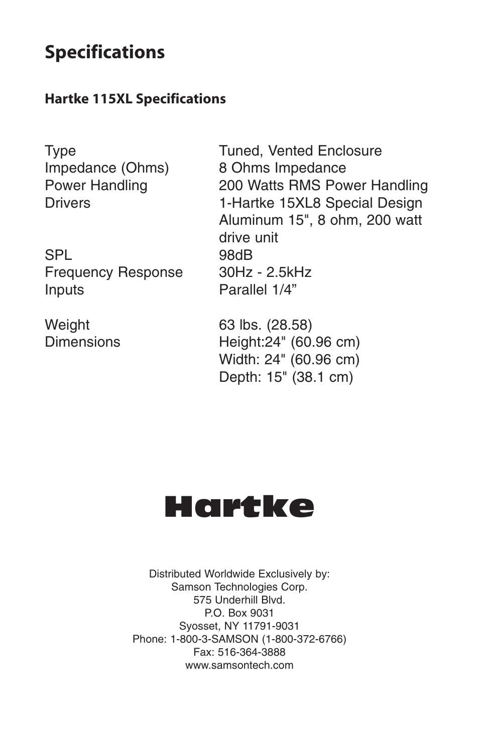 Hartke, Specifications | Samson 115XL User Manual | Page 4 / 4