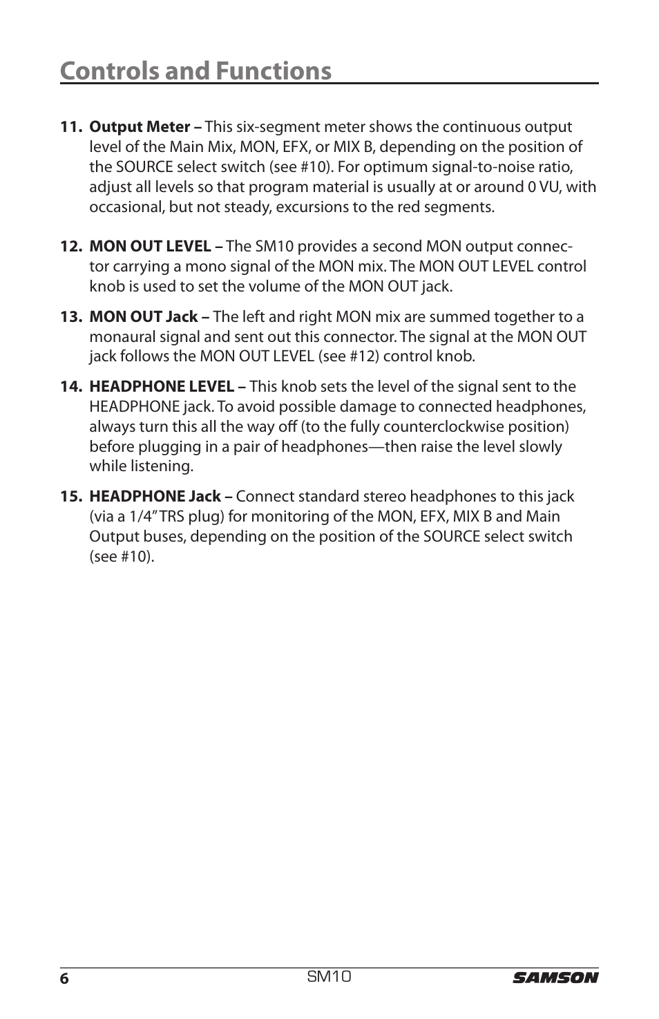 Controls and functions | Samson SM10 User Manual | Page 10 / 19