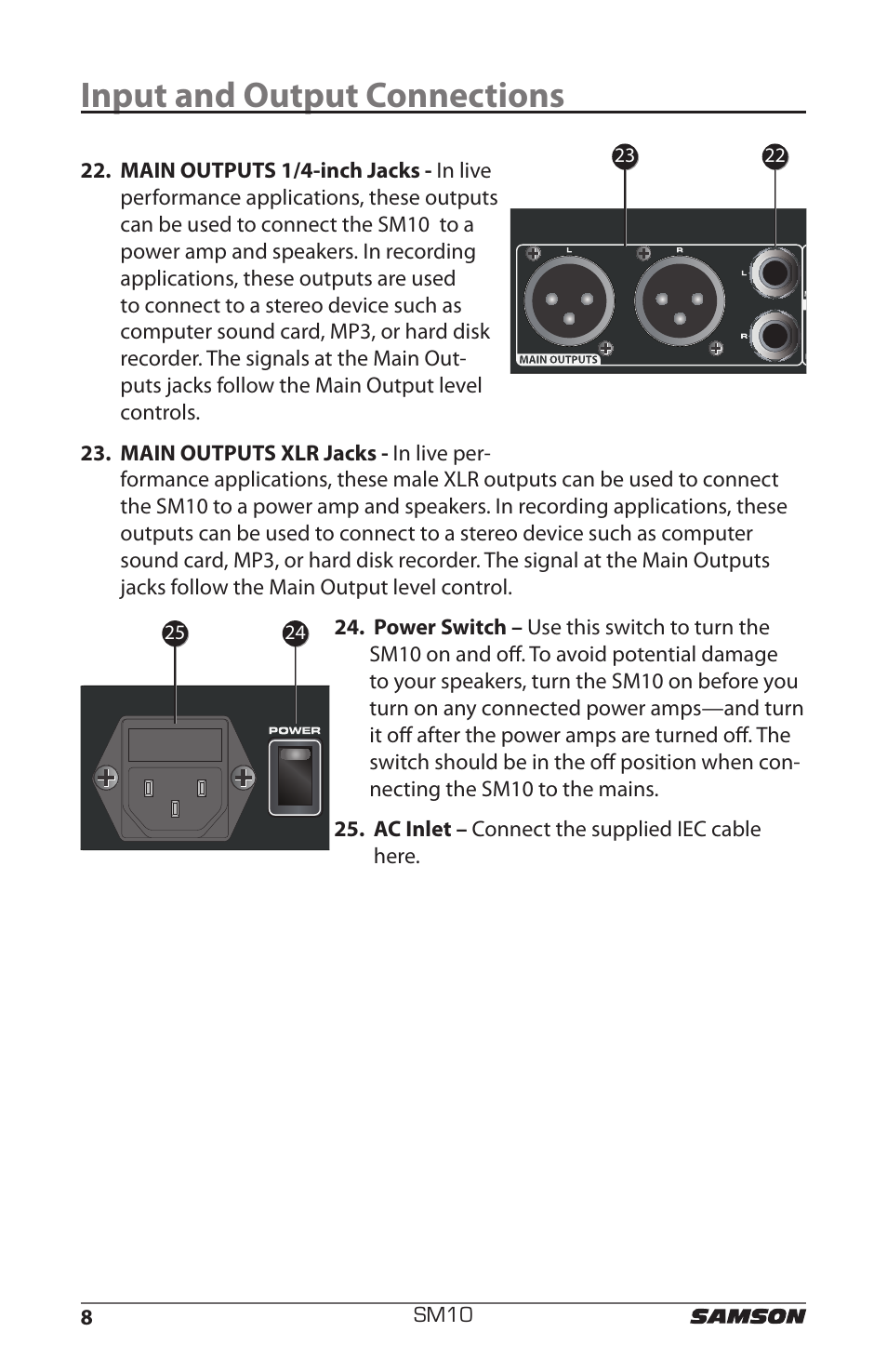 Input and output connections | Samson SM10 User Manual | Page 12 / 19