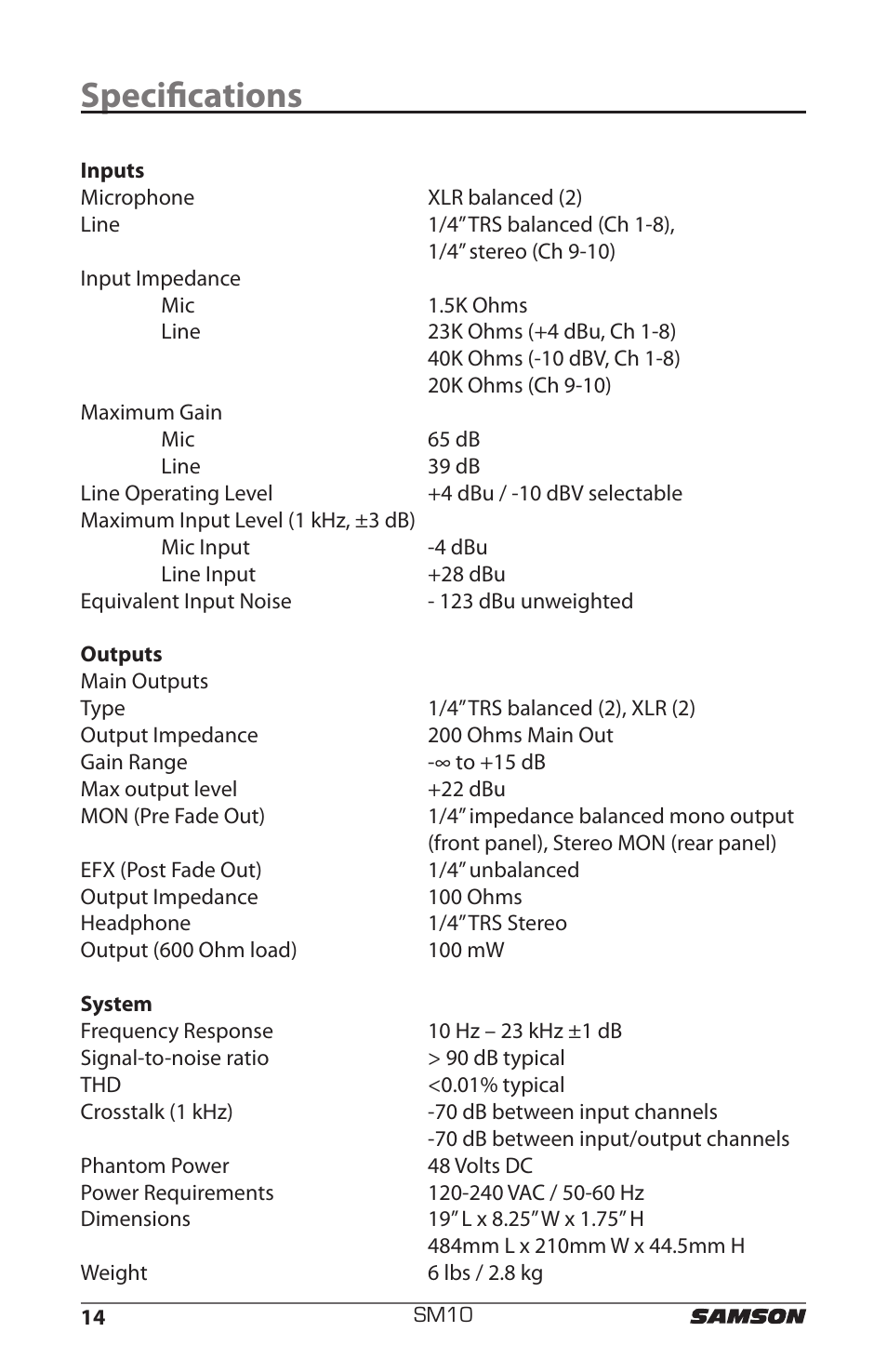 Specifications | Samson SM10 User Manual | Page 18 / 19