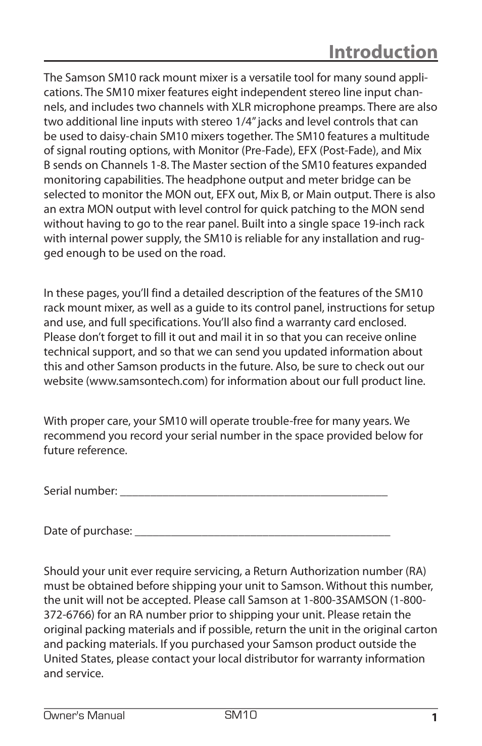 Introduction | Samson SM10 User Manual | Page 5 / 19