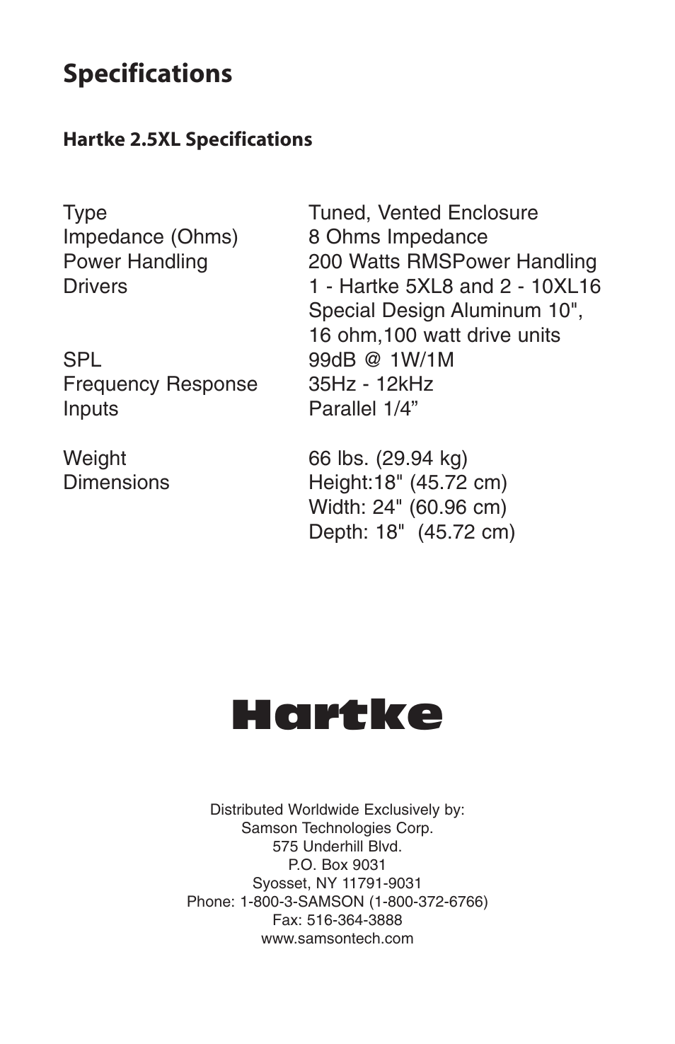Hartke, Specifications | Samson 2.5xl User Manual | Page 4 / 4