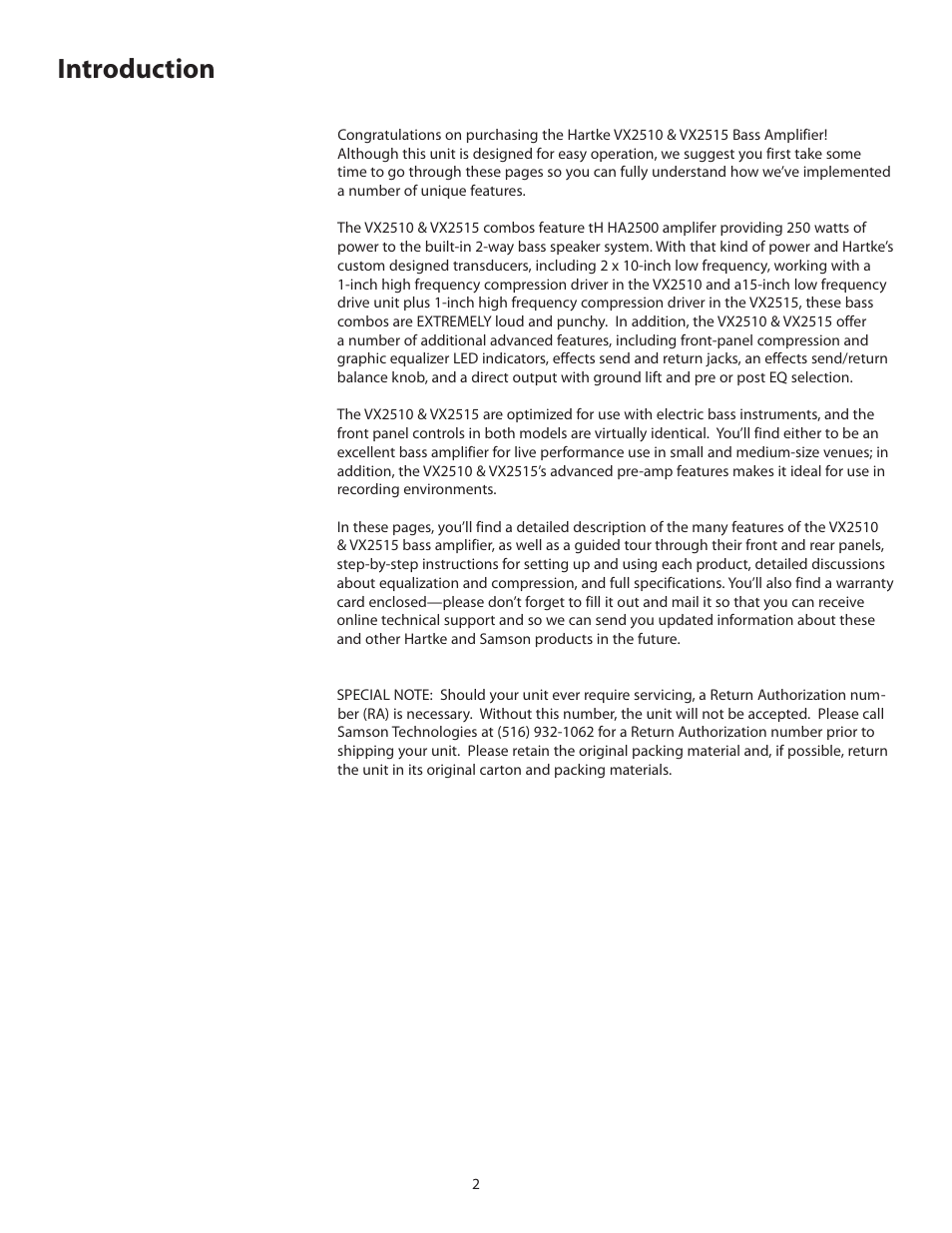 Introduction | Samson VX2510 User Manual | Page 4 / 20