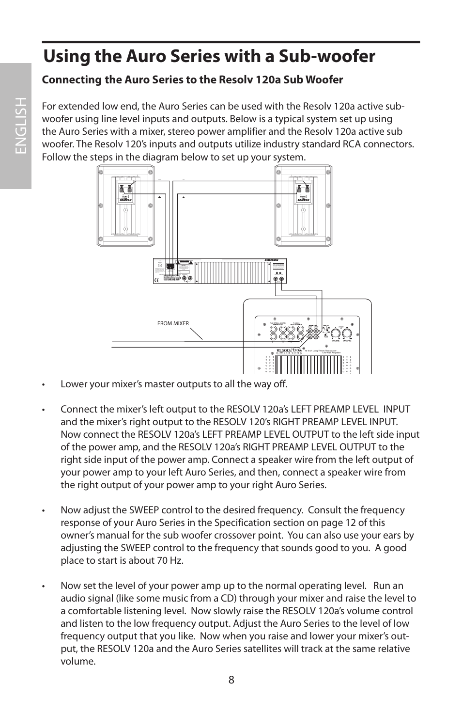 Using the auro series with a sub-woofer, English | Samson AURO5 User Manual | Page 12 / 62