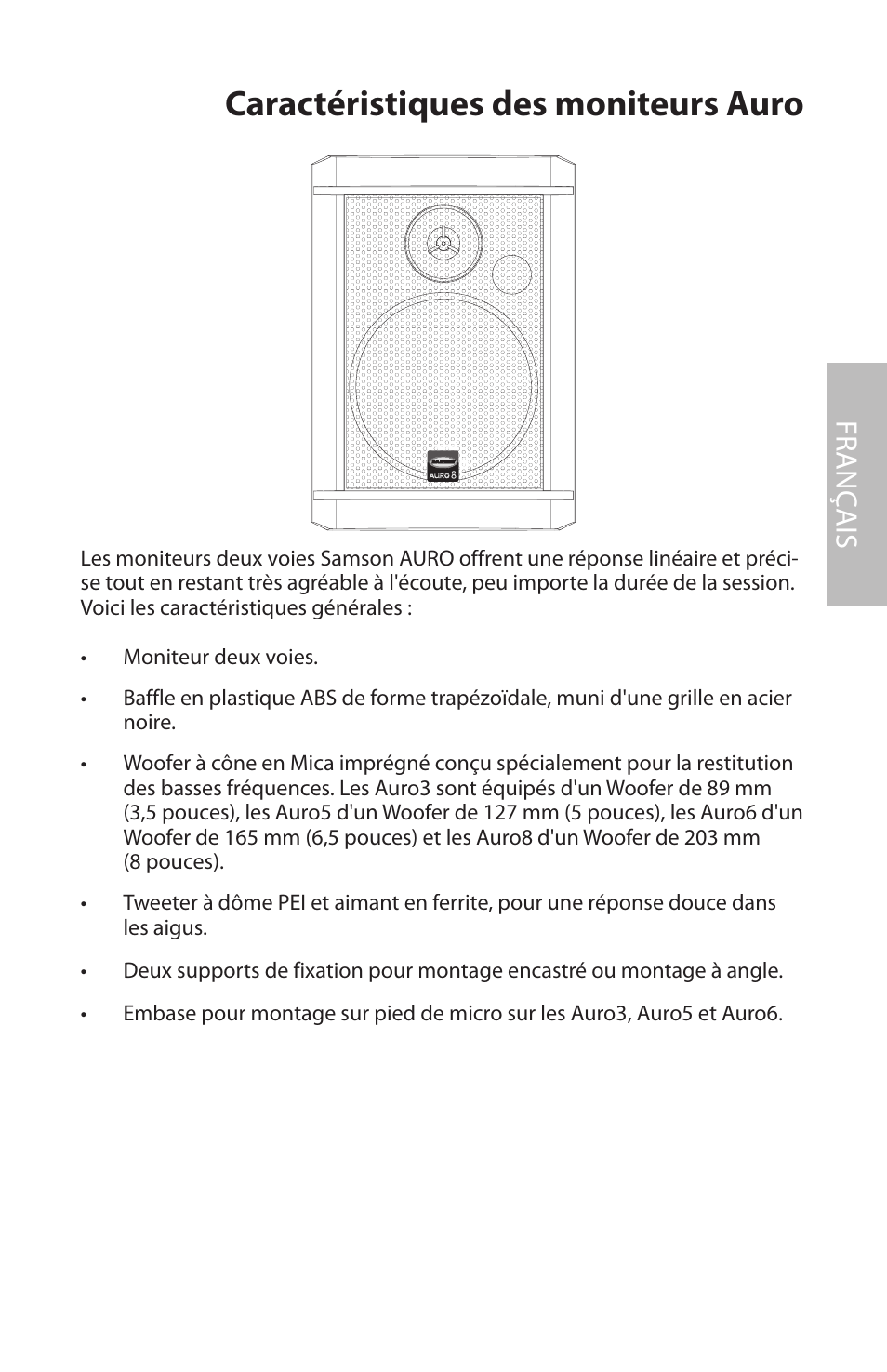 Caractéristiques des moniteurs auro, Fr anç ais | Samson AURO5 User Manual | Page 17 / 62