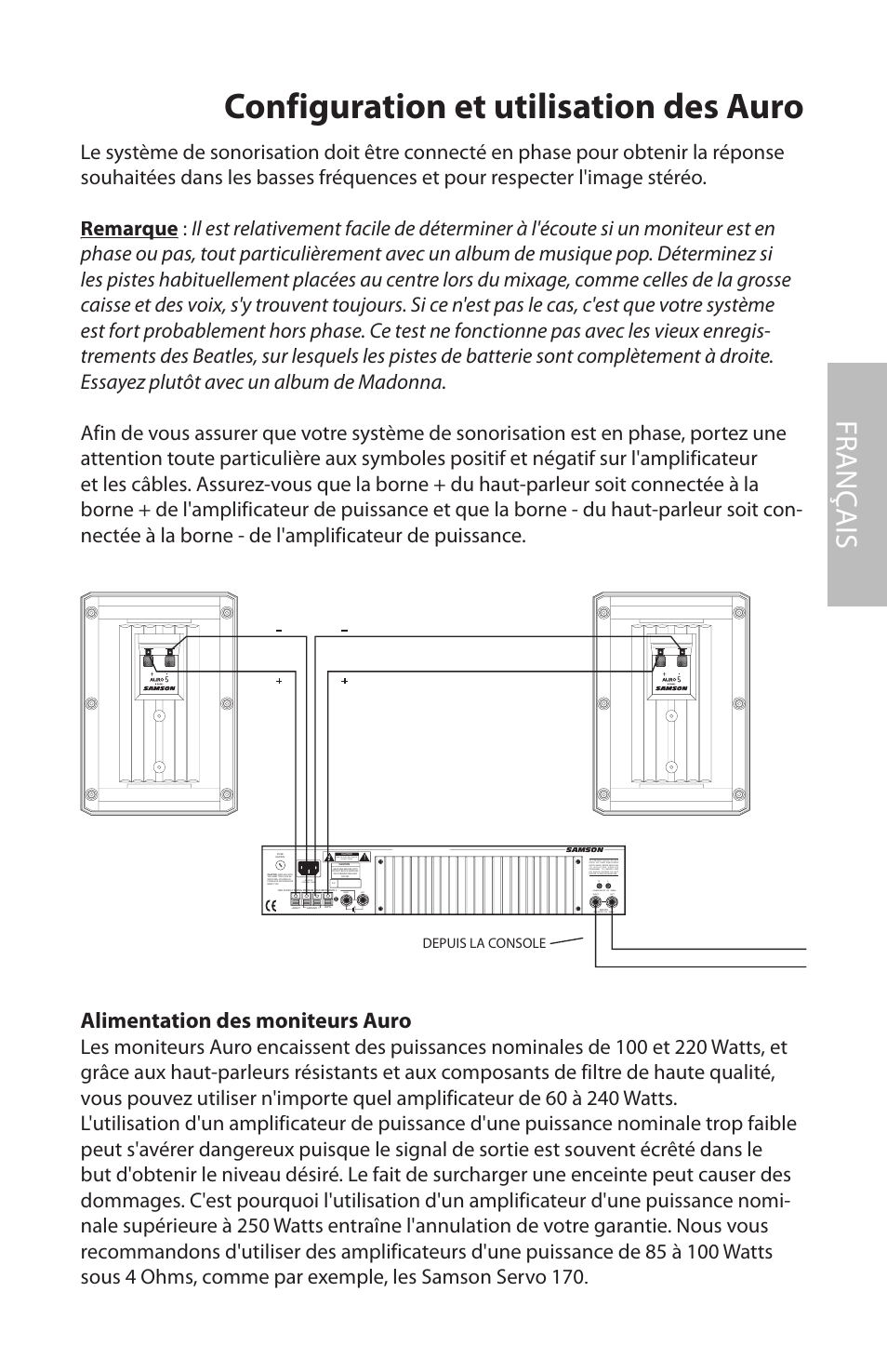Configuration et utilisation des auro, Fr anç ais, Alimentation des moniteurs auro | Samson AURO5 User Manual | Page 21 / 62