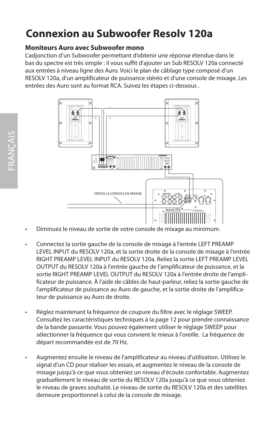Connexion au subwoofer resolv 120a, Fr anç ais, Moniteurs auro avec subwoofer mono | Samson AURO5 User Manual | Page 22 / 62