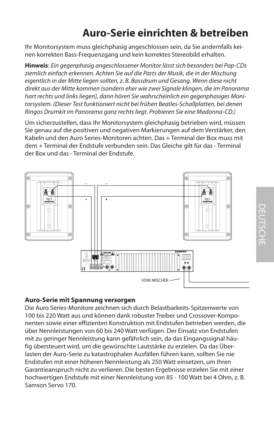 Auro-serie mit spannung versorgen, Auro-serie einrichten & betreiben, Deut sche | Right left, Balanced 10k /0dbm), Unbalanced 10k /0dbm) | Samson AURO5 User Manual | Page 31 / 62