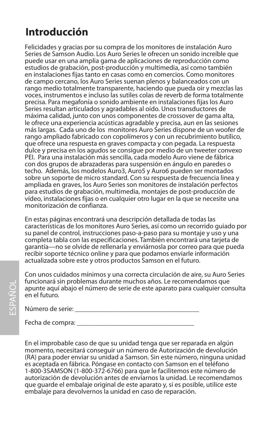 Español, Introducción, Esp añol | Samson AURO5 User Manual | Page 36 / 62