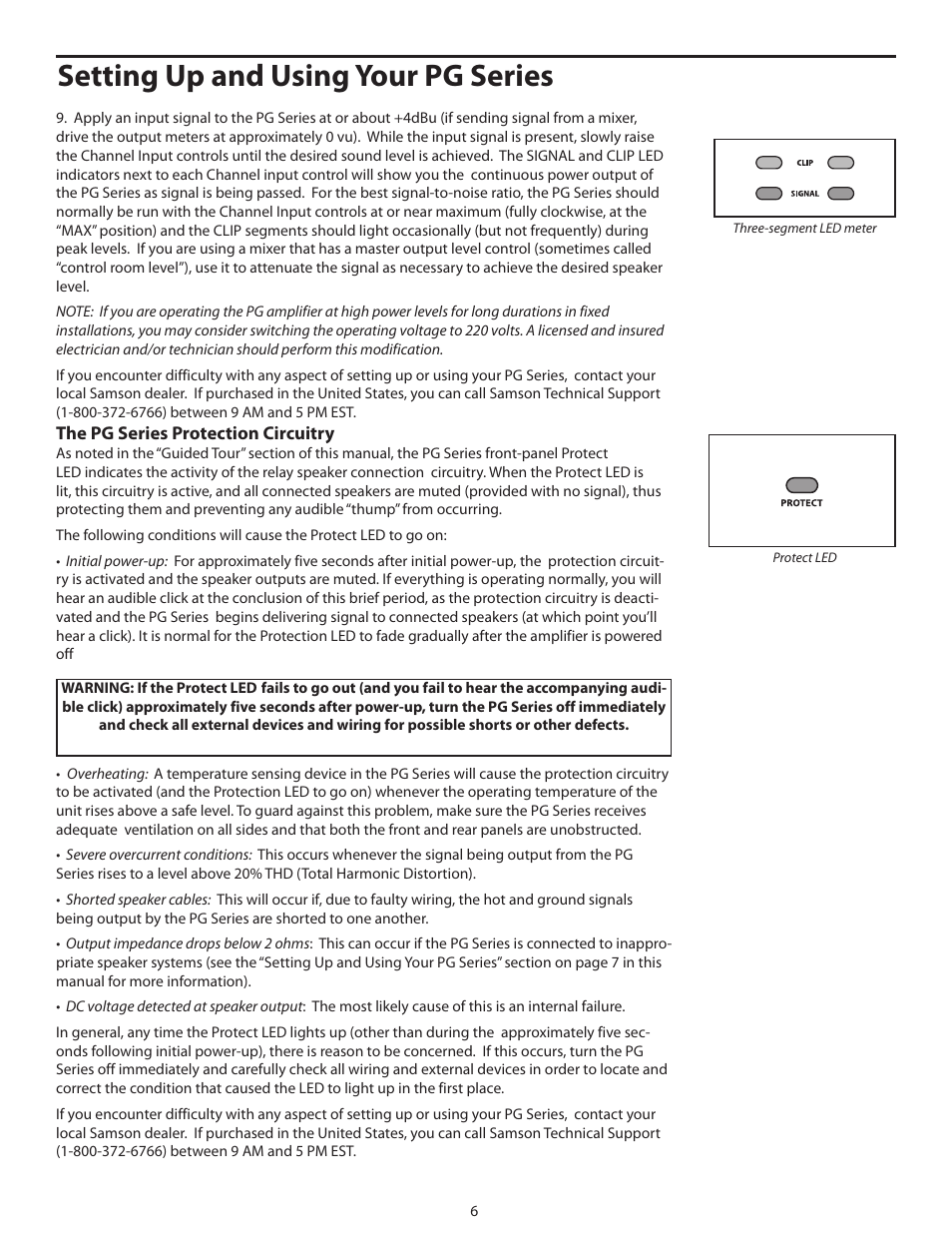 Setting up and using your pg series, The pg series protection circuitry | Samson POWER AMPLIFERS PG3800 User Manual | Page 10 / 16