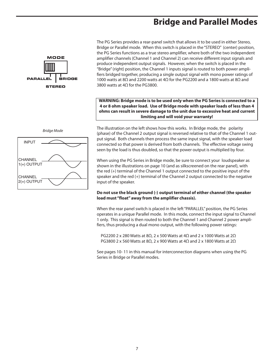 Bridge and parallel modes | Samson POWER AMPLIFERS PG3800 User Manual | Page 11 / 16