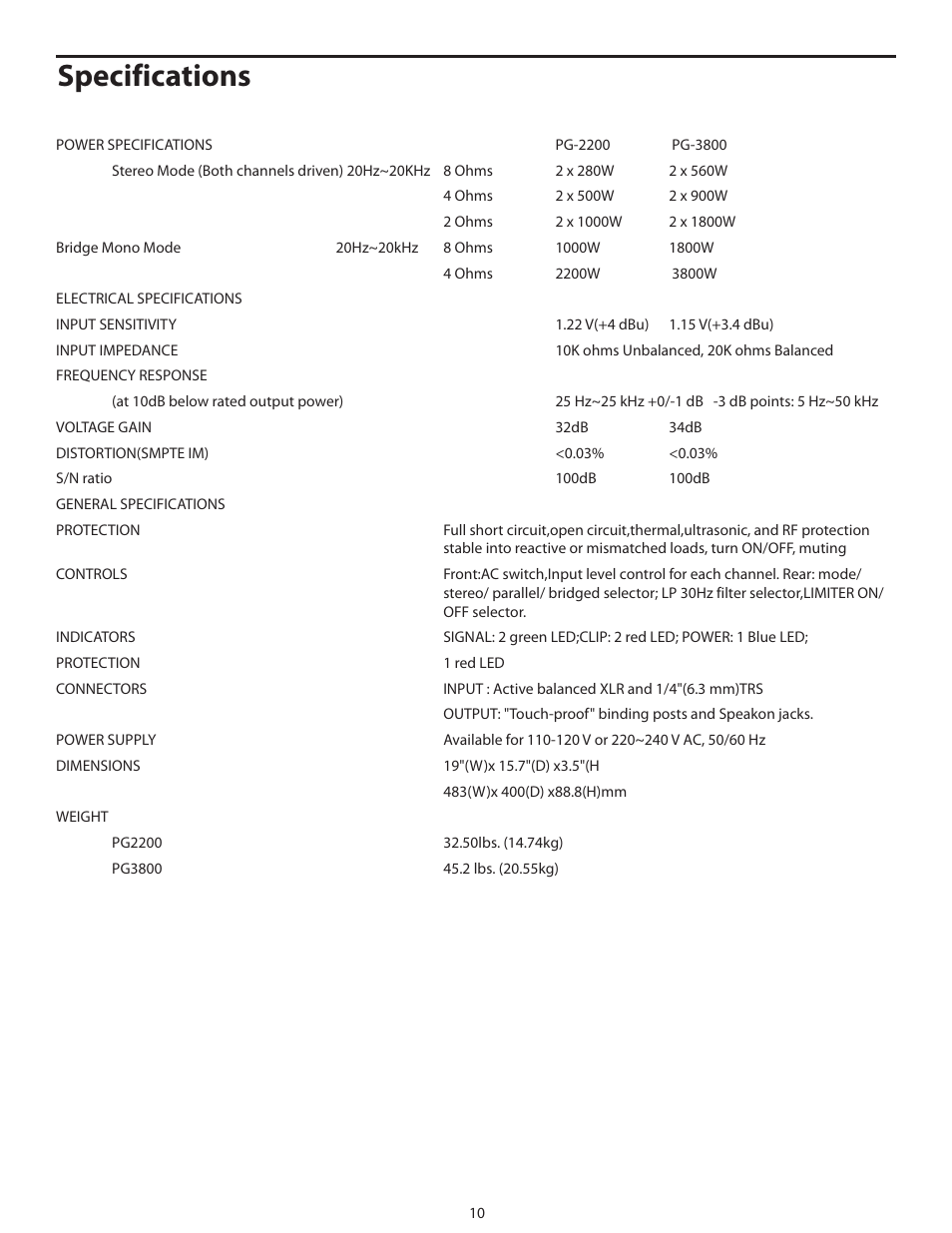 Specifications | Samson POWER AMPLIFERS PG3800 User Manual | Page 14 / 16