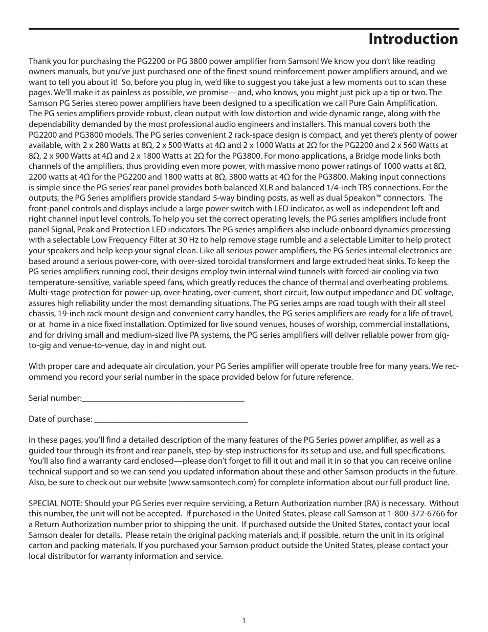 Introduction | Samson POWER AMPLIFERS PG3800 User Manual | Page 5 / 16