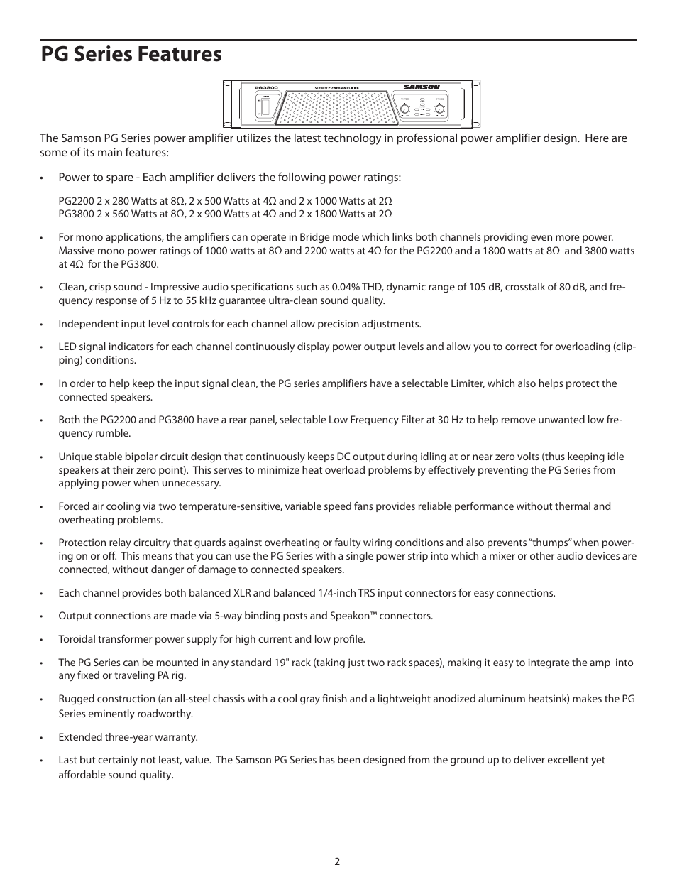 Pg series features | Samson POWER AMPLIFERS PG3800 User Manual | Page 6 / 16