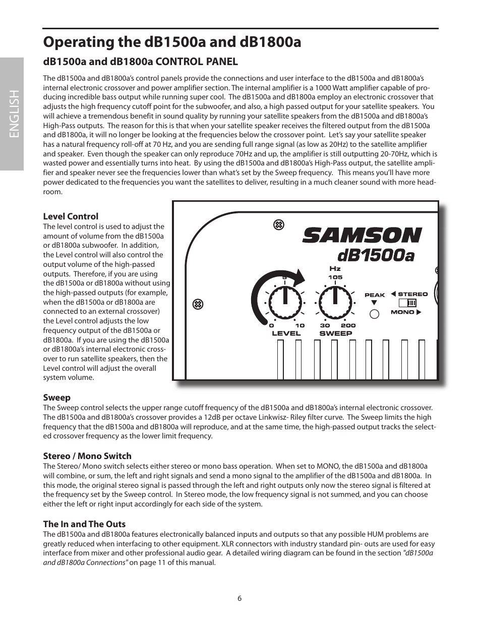 Operating the db1500a and db1800a, Db1500a and db1800a control panel, English | Samson dB1500a User Manual | Page 10 / 64