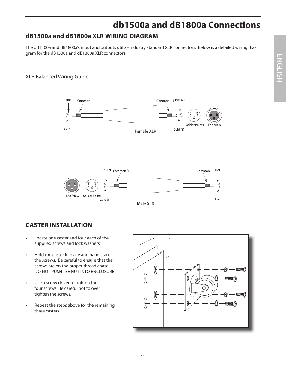 Db1500a and db1800a connections, Caster installation, English | Samson dB1500a User Manual | Page 15 / 64