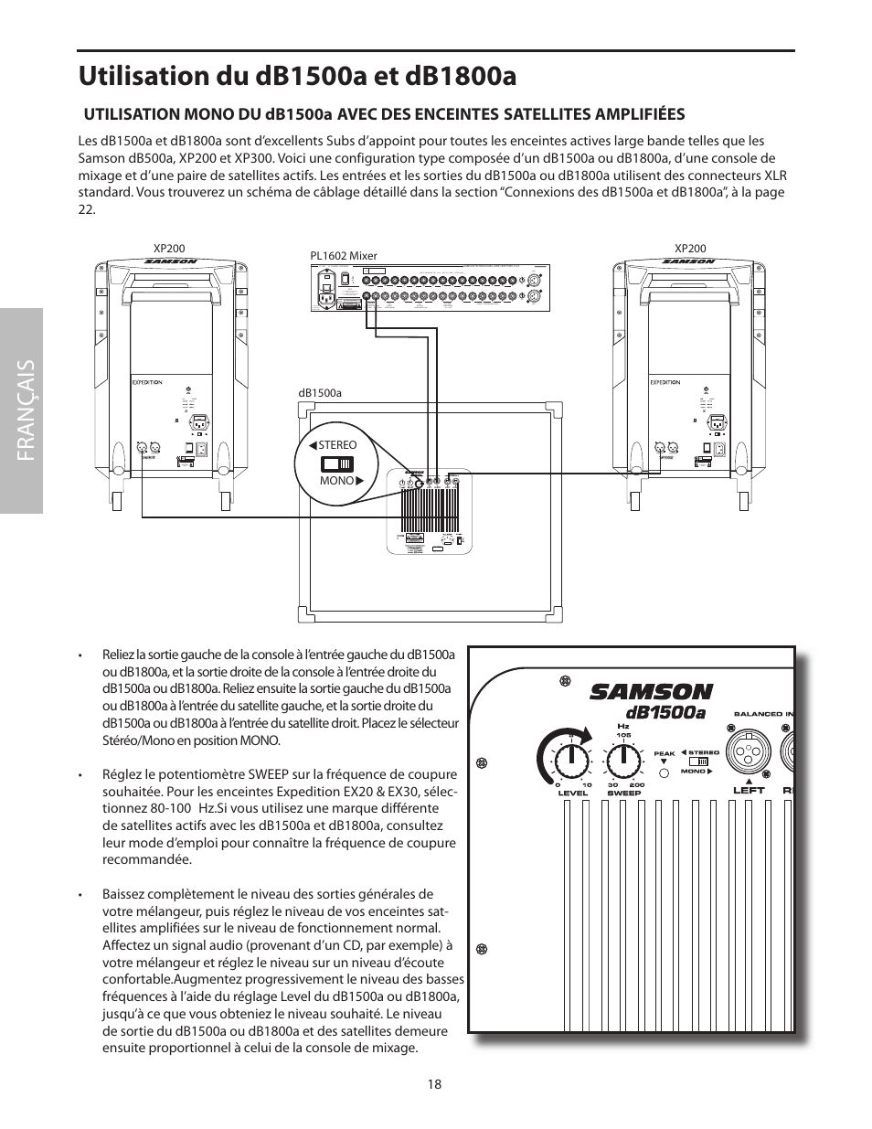 Utilisation du db1500a et db1800a, Fr anç ais | Samson dB1500a User Manual | Page 22 / 64