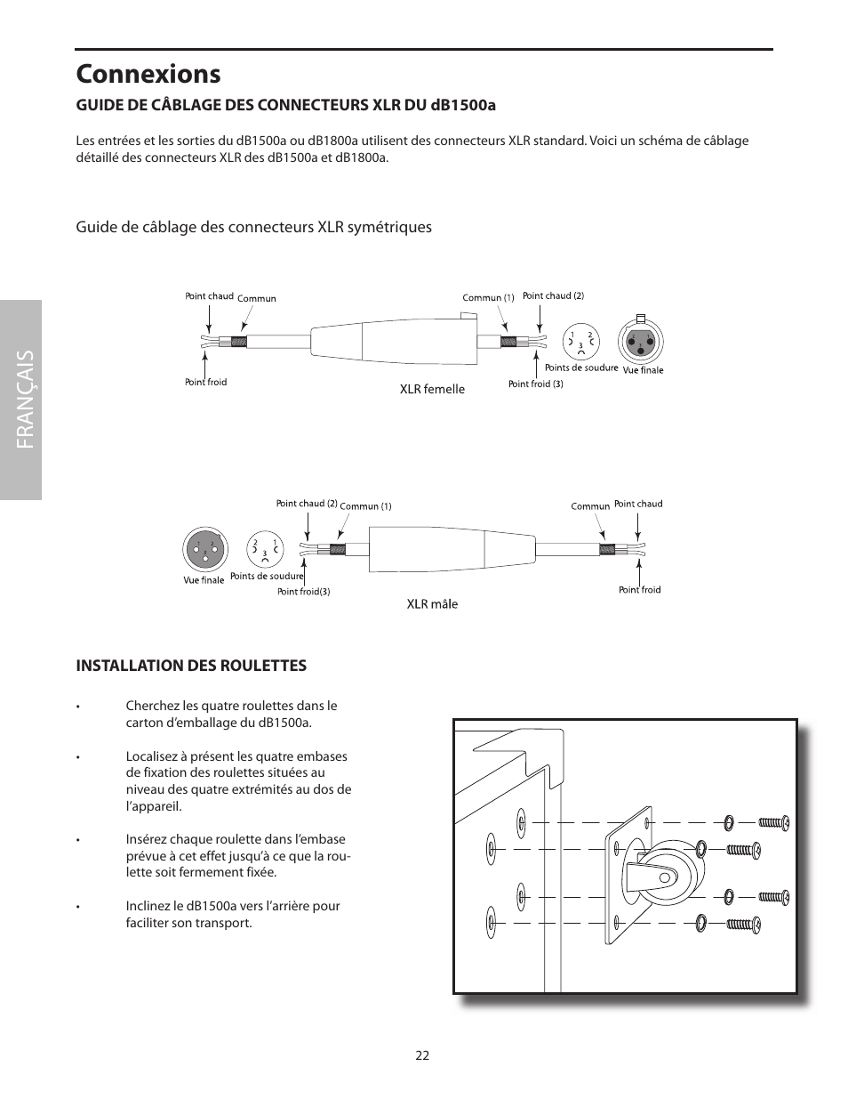 Guide de câblage des connecteurs xlr du db1500a, Installation des roulettes, Connexions | Fr anç ais | Samson dB1500a User Manual | Page 26 / 64