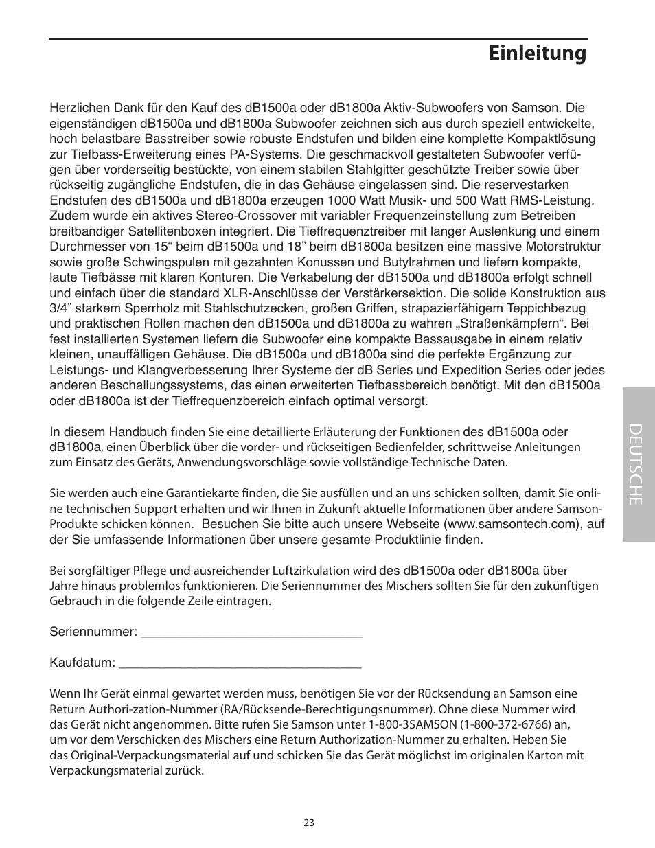 Deutsche, Einleitung, Deut sche | Samson dB1500a User Manual | Page 27 / 64