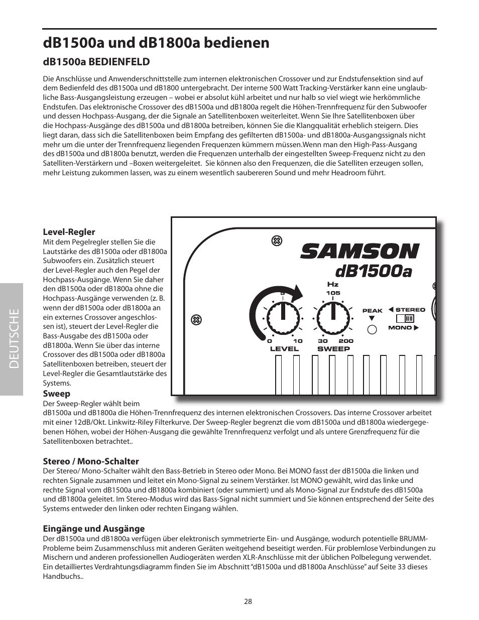 Db1500a und db1800a bedienen, Db1500a bedienfeld, Deut sche | Samson dB1500a User Manual | Page 32 / 64