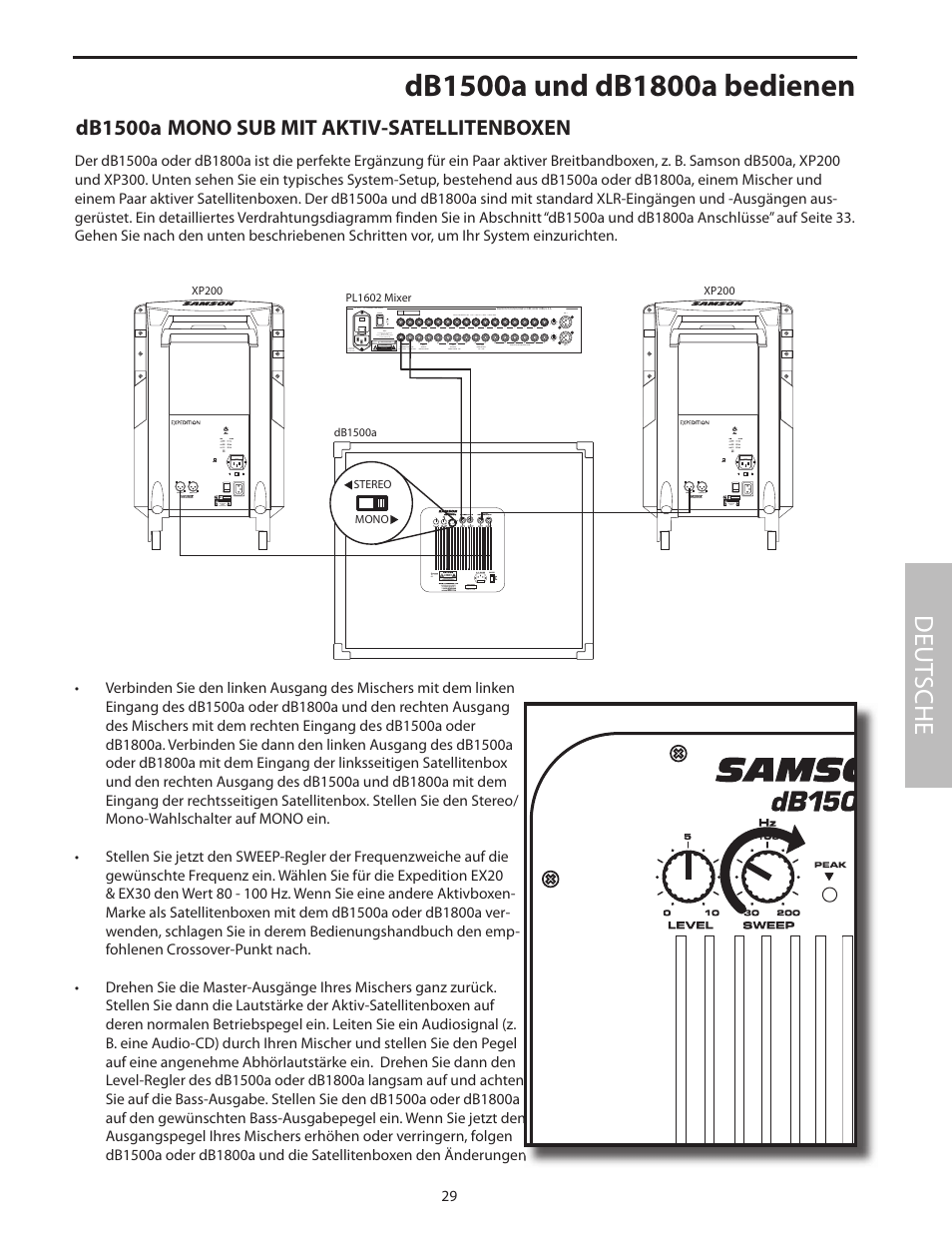 Db1500a mono sub mit aktiv-satellitenboxen, Deut sche | Samson dB1500a User Manual | Page 33 / 64