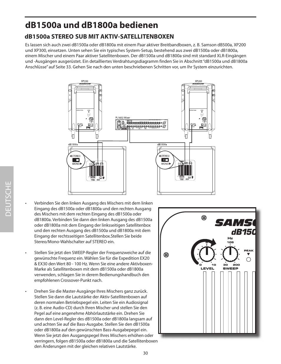 Db1500a stereo sub mit aktiv-satellitenboxen, Deut sche | Samson dB1500a User Manual | Page 34 / 64