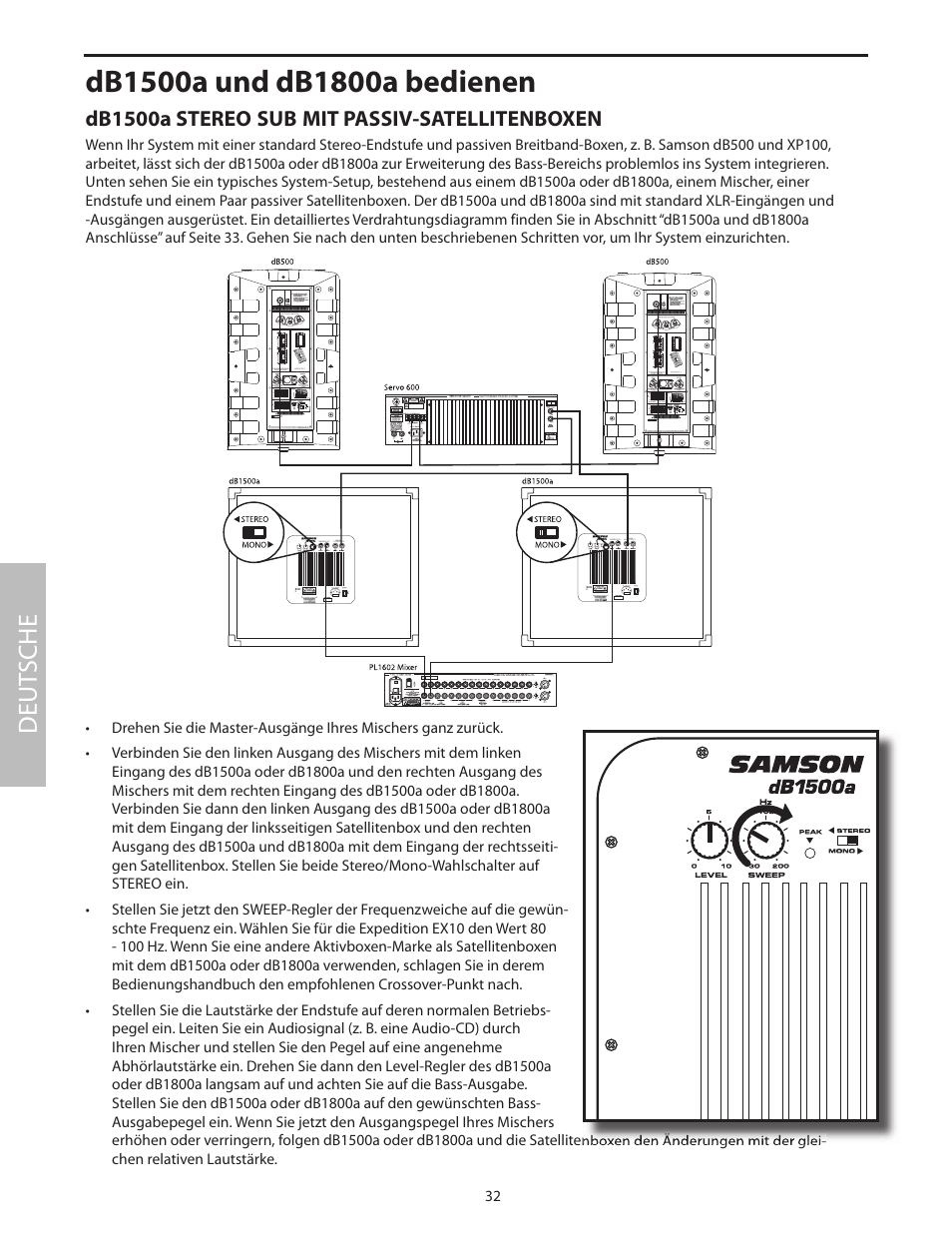 Db1500a stereo sub mit passiv-satellitenboxen, Deut sche | Samson dB1500a User Manual | Page 36 / 64