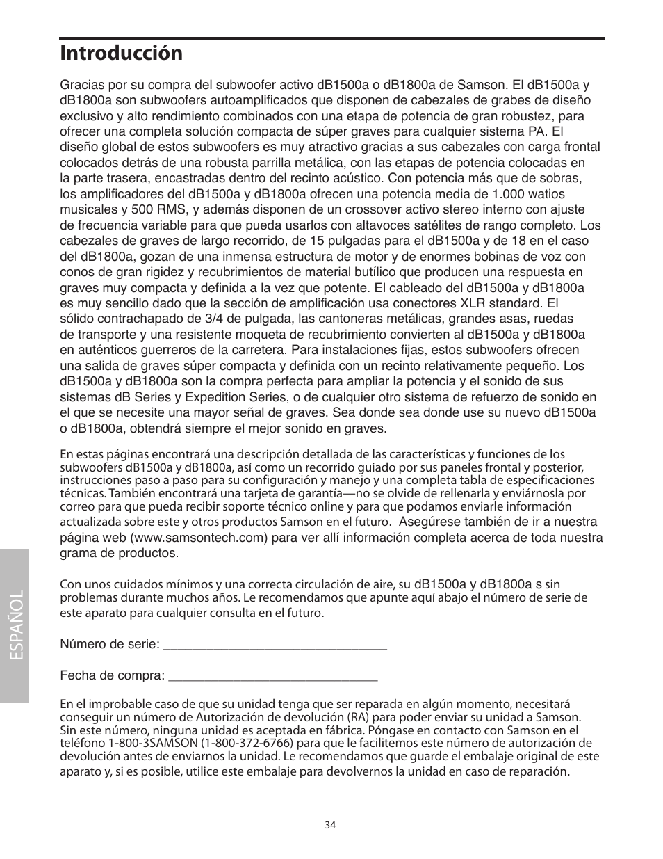 Español, Introducción, Esp añol | Samson dB1500a User Manual | Page 38 / 64