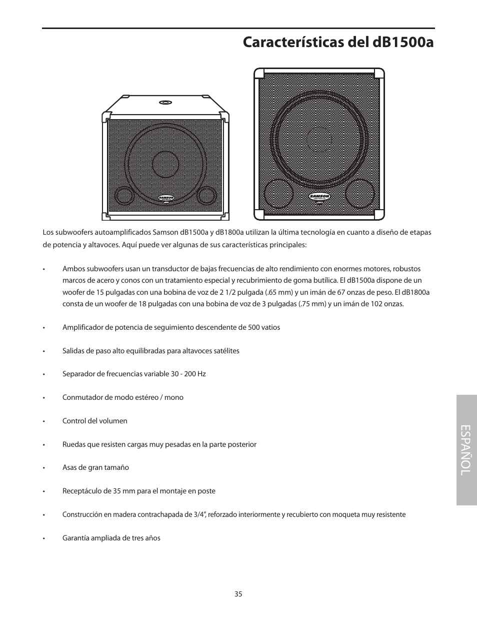 Características del db1500a, Esp añol | Samson dB1500a User Manual | Page 39 / 64