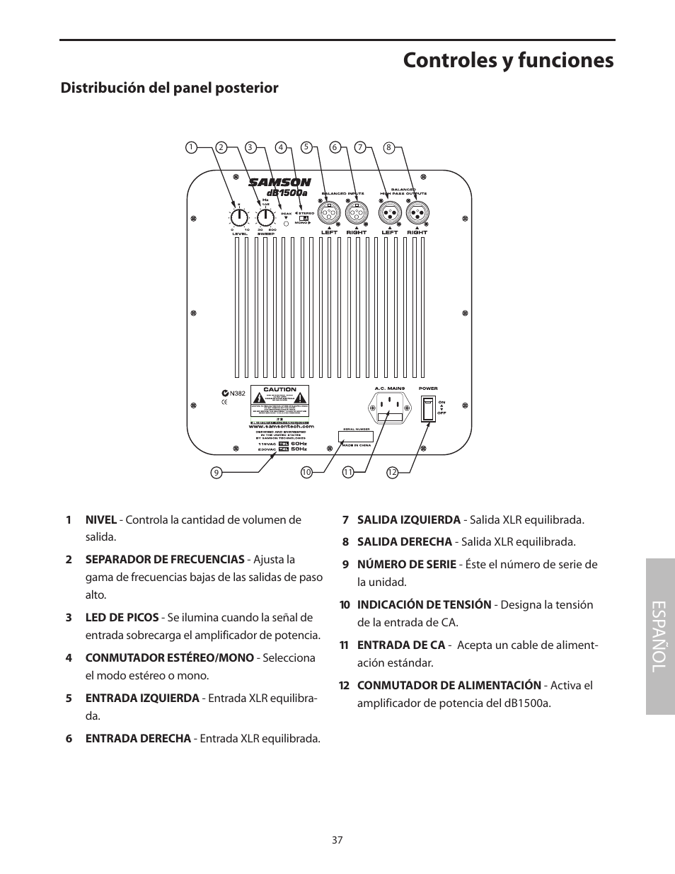 Distribución del panel posterior, Controles y funciones, Esp añol | Samson dB1500a User Manual | Page 41 / 64