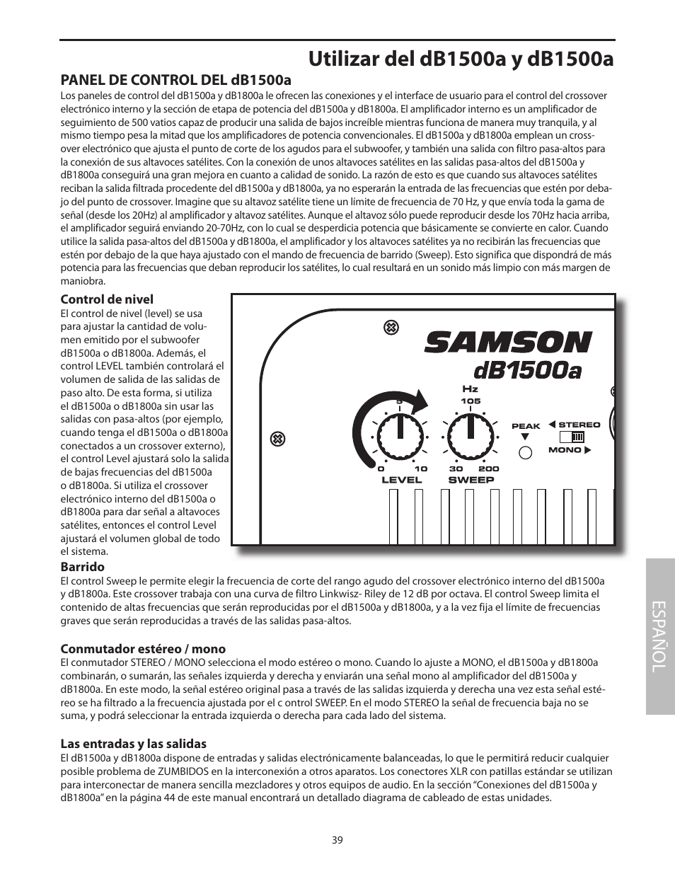 Utilizar del db1500a y db1500a, Panel de control del db1500a, Esp añol | Samson dB1500a User Manual | Page 43 / 64