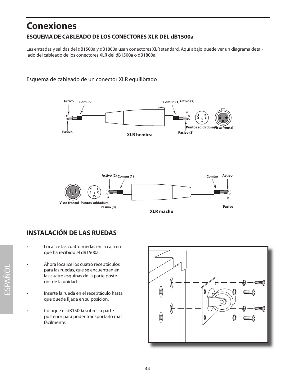 Conexiones, Esp añol, Instalación de las ruedas | Esquema de cableado de un conector xlr equilibrado | Samson dB1500a User Manual | Page 48 / 64