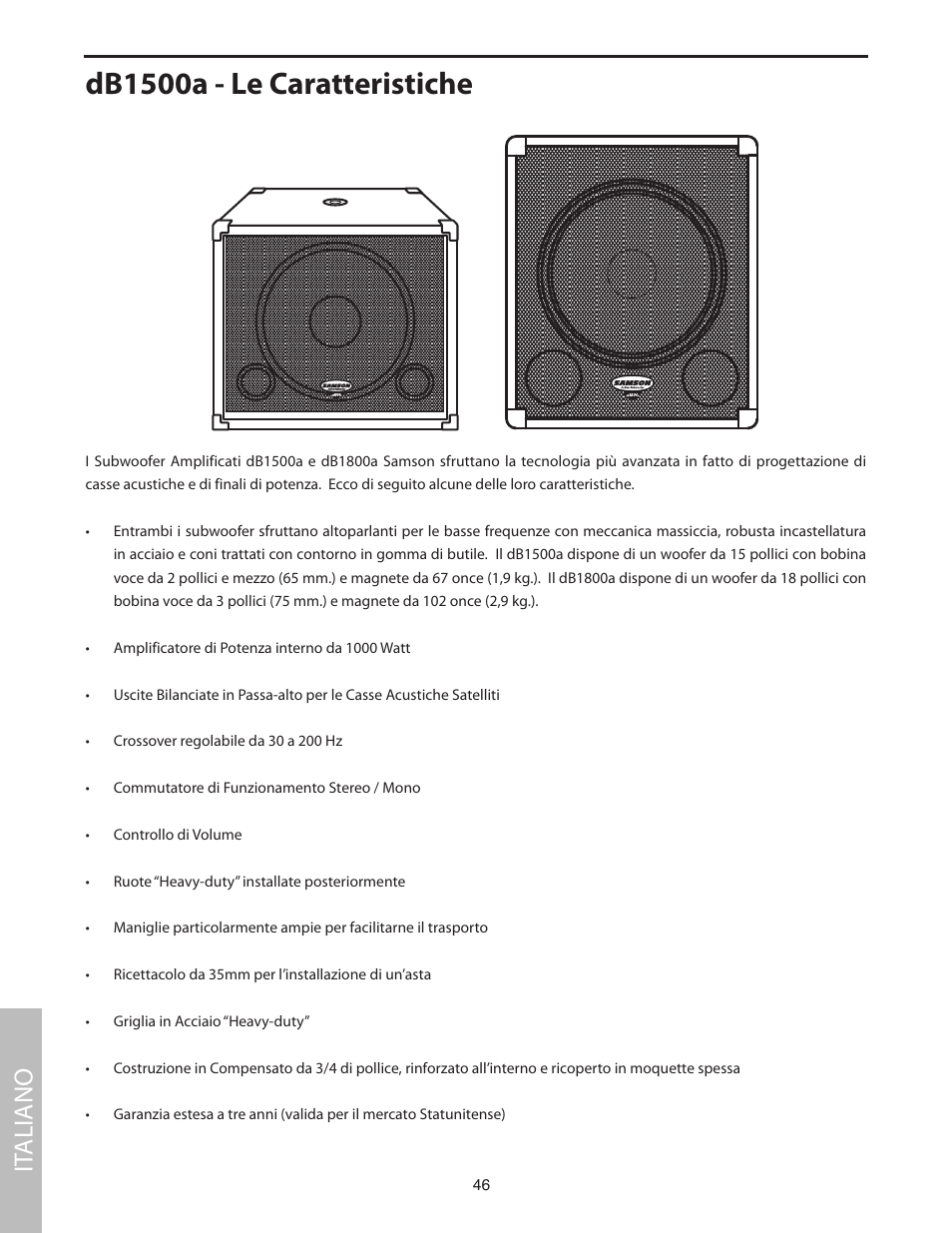 Db1500a - le caratteristiche, It aliano | Samson dB1500a User Manual | Page 50 / 64