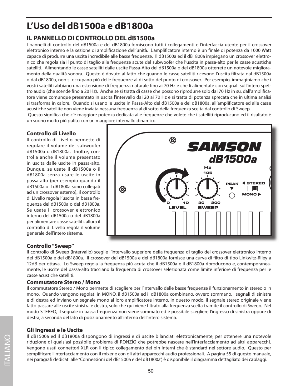 L’uso del db1500a e db1800a, Il pannello di controllo del db1500a, It aliano | Samson dB1500a User Manual | Page 54 / 64