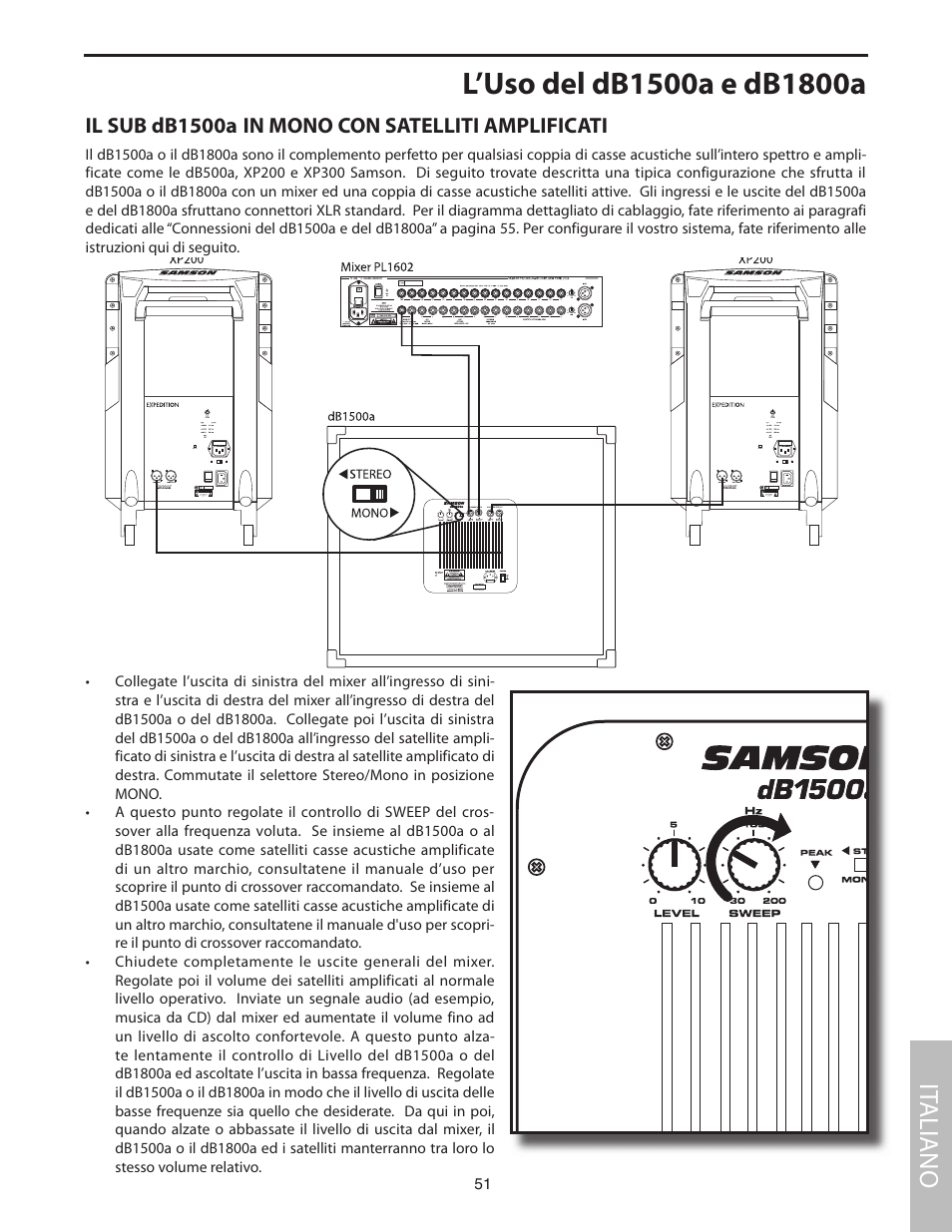 L’uso del db1500a e db1800a, Il sub db1500a in mono con satelliti amplificati, It aliano | Samson dB1500a User Manual | Page 55 / 64