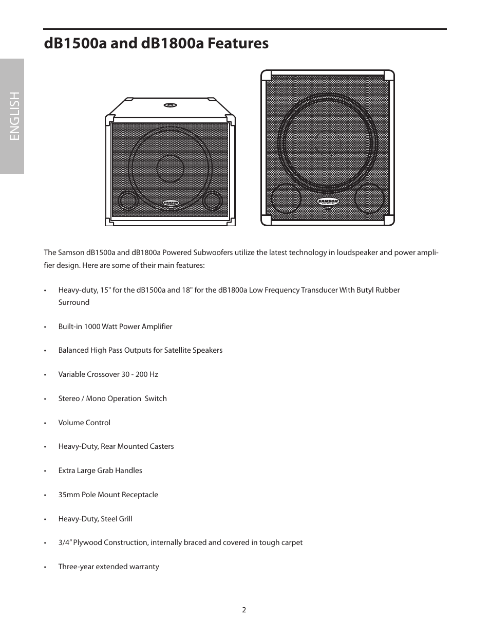 Db1500a and db1800a features, English | Samson dB1500a User Manual | Page 6 / 64