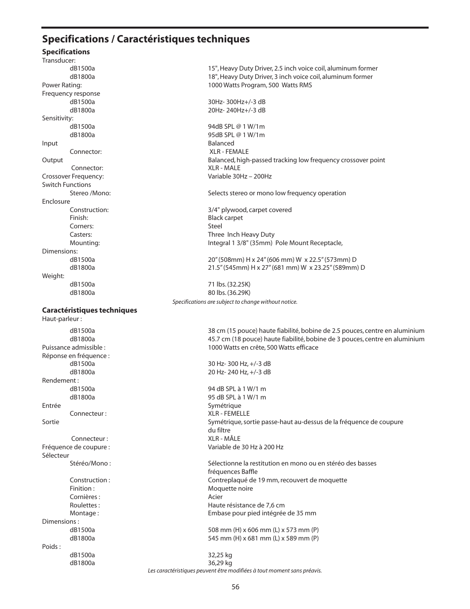 Specifications, Caractéristiques techniques, Specifications / caractéristiques techniques | Samson dB1500a User Manual | Page 60 / 64