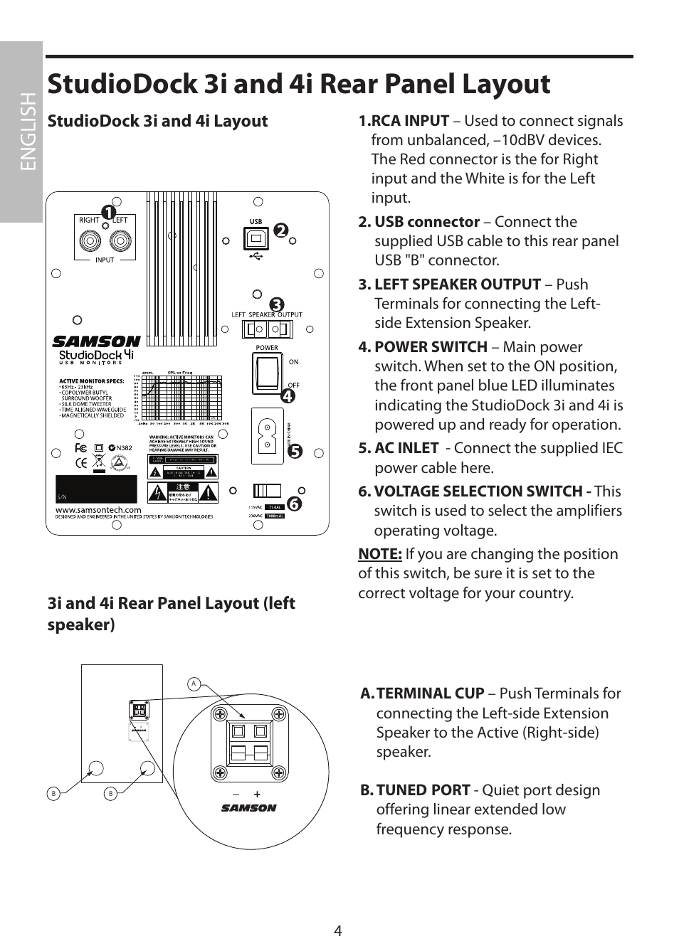 Studiodock 3i and 4i rear panel layout, English | Samson StudioDock 3i User Manual | Page 10 / 88