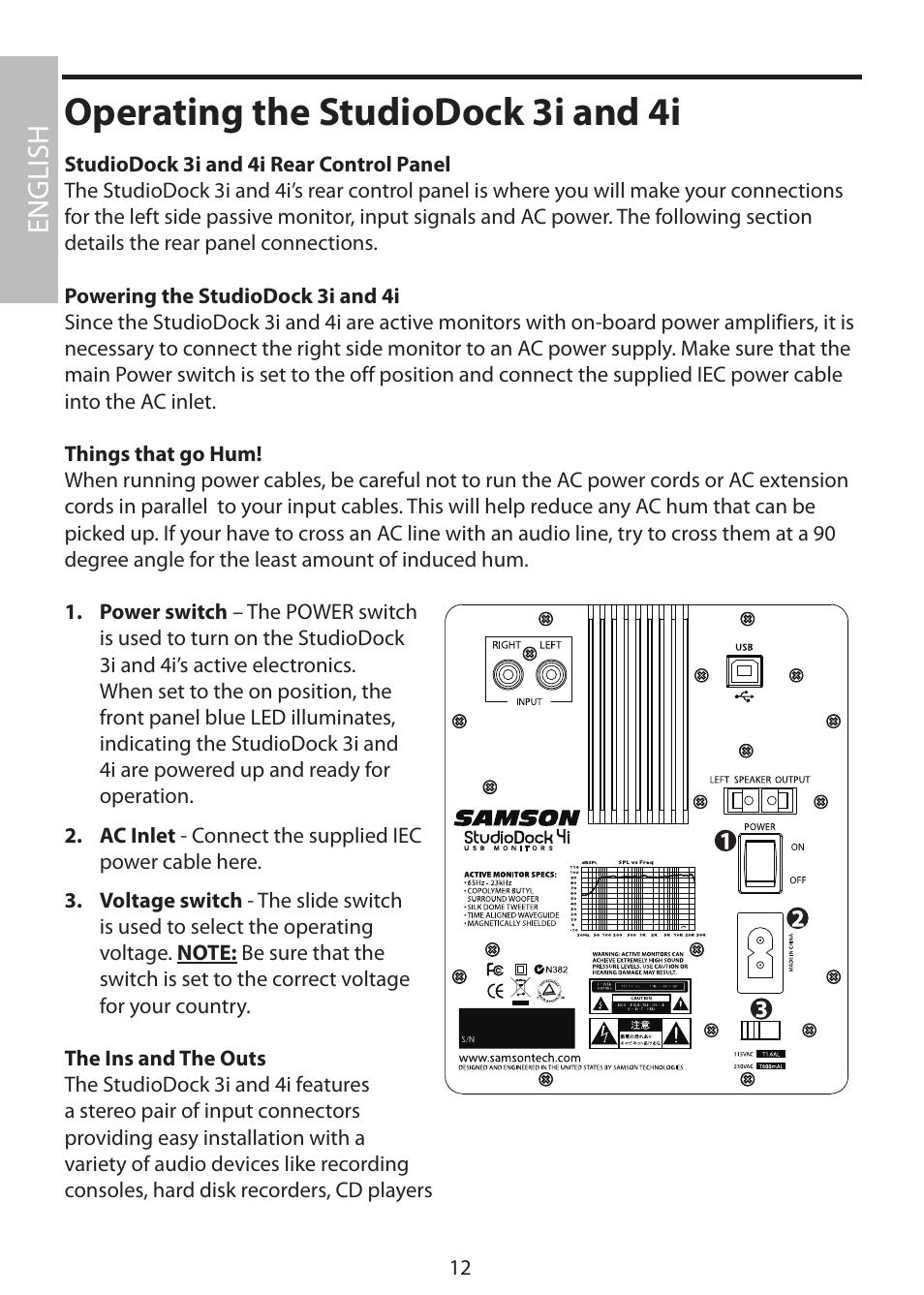 Operating the studiodock 3i and 4i, English | Samson StudioDock 3i User Manual | Page 18 / 88