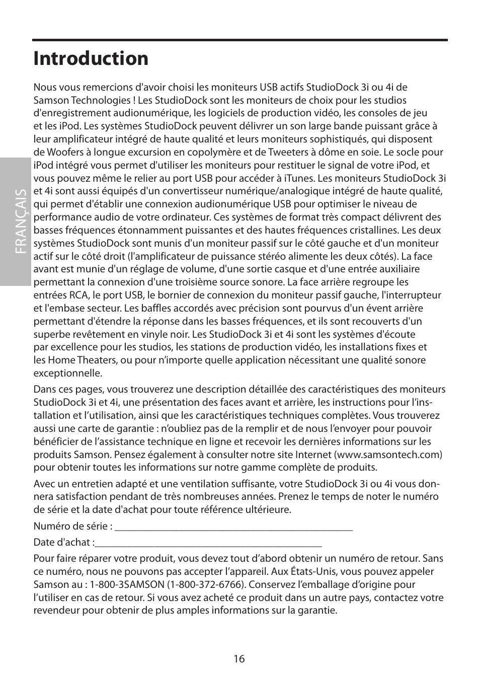 Introduction, Fr anç ais | Samson StudioDock 3i User Manual | Page 22 / 88