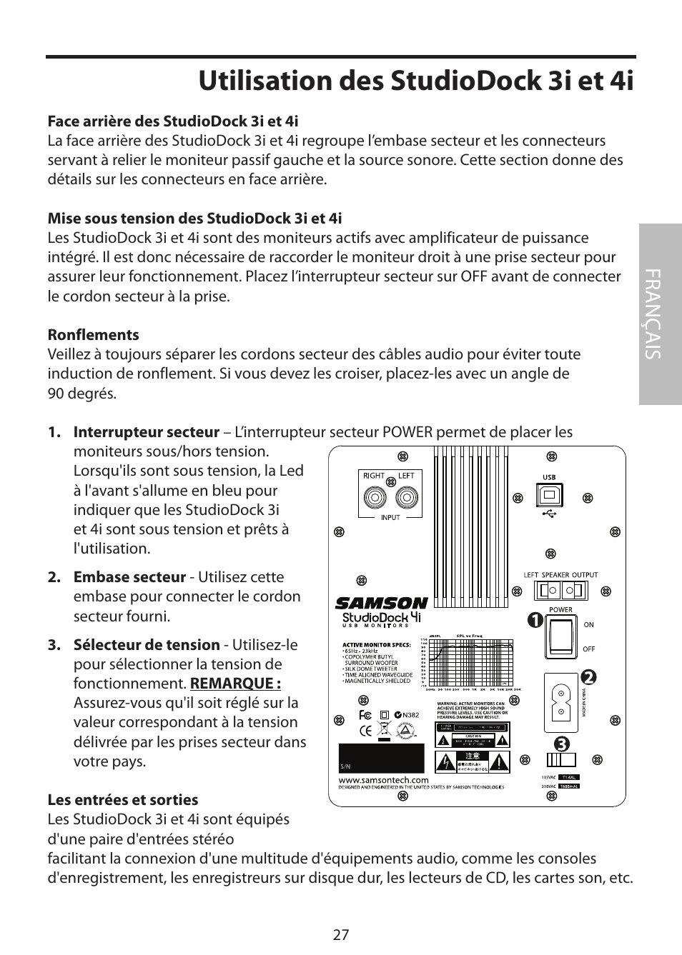 Utilisation des studiodock 3i et 4i, Fr anç ais | Samson StudioDock 3i User Manual | Page 33 / 88
